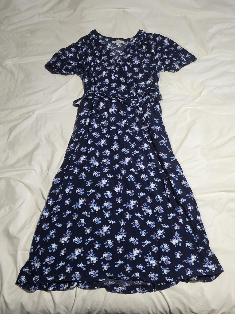 LOFT Navy Wrap Maxi Dress with Light Blue Floral Print
